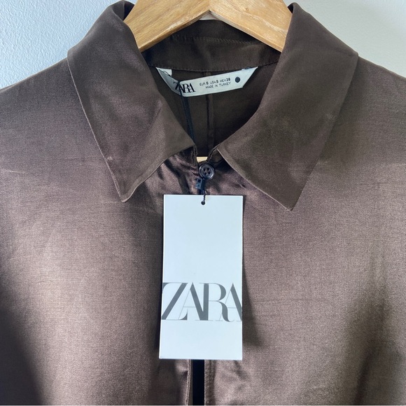 Zara Brown Satin Mini Shirt Dress Ruched Sides - Size S - Picture 6 of 7